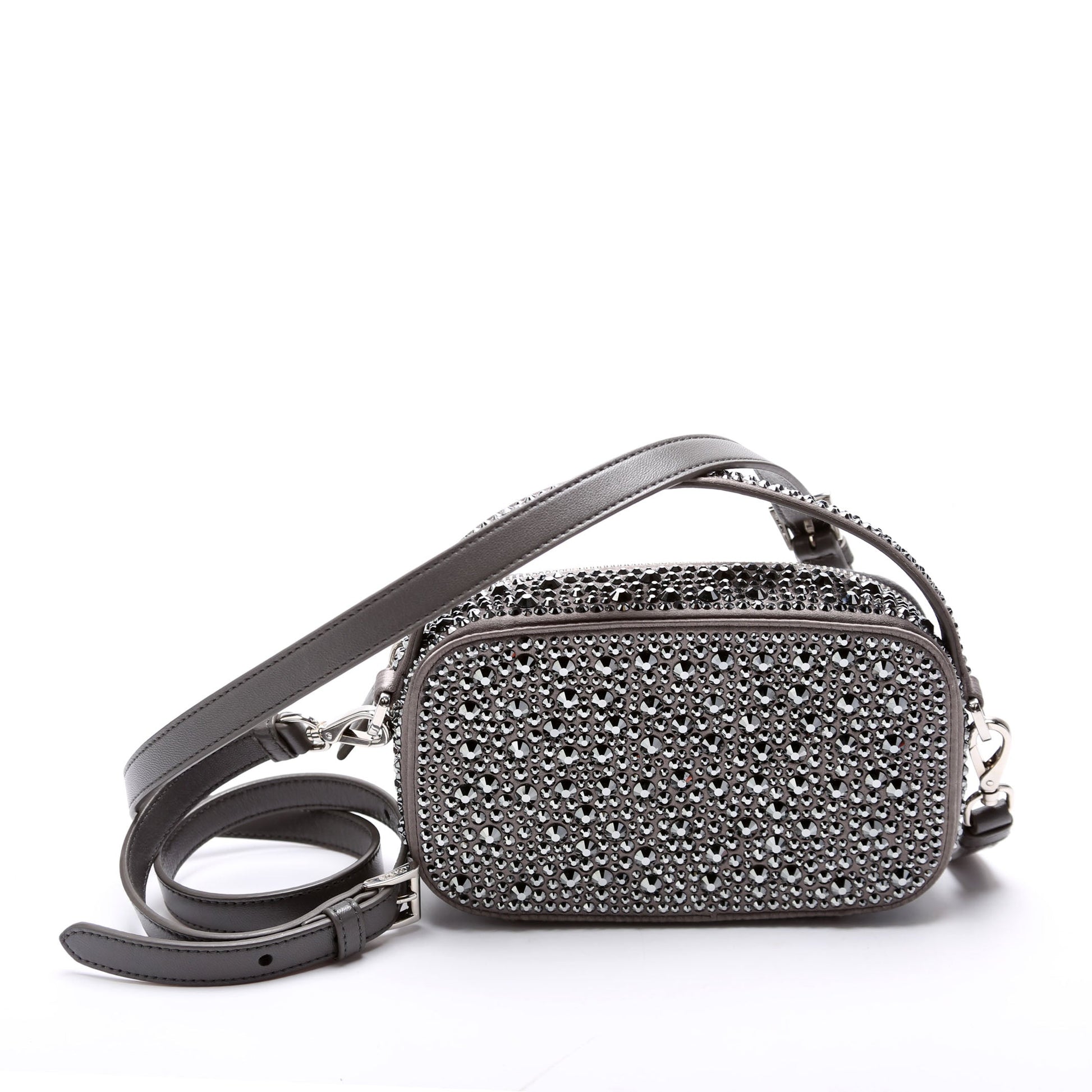 Prada Odette Satin Crystal Triangle Logo Mini Crossbody Grey Bag