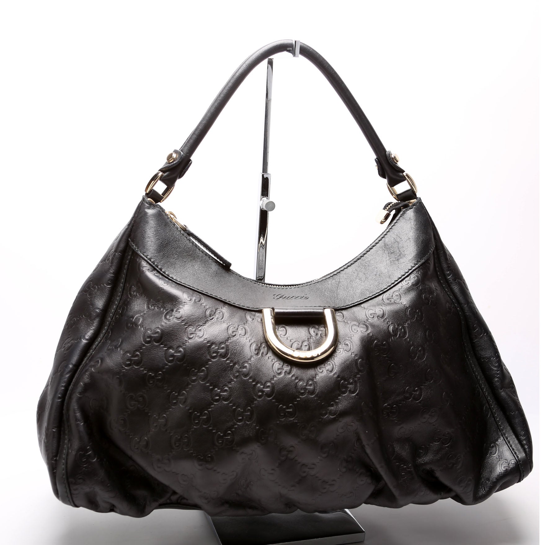 Gucci 189833 Leather D Ring Hobo Black Bag