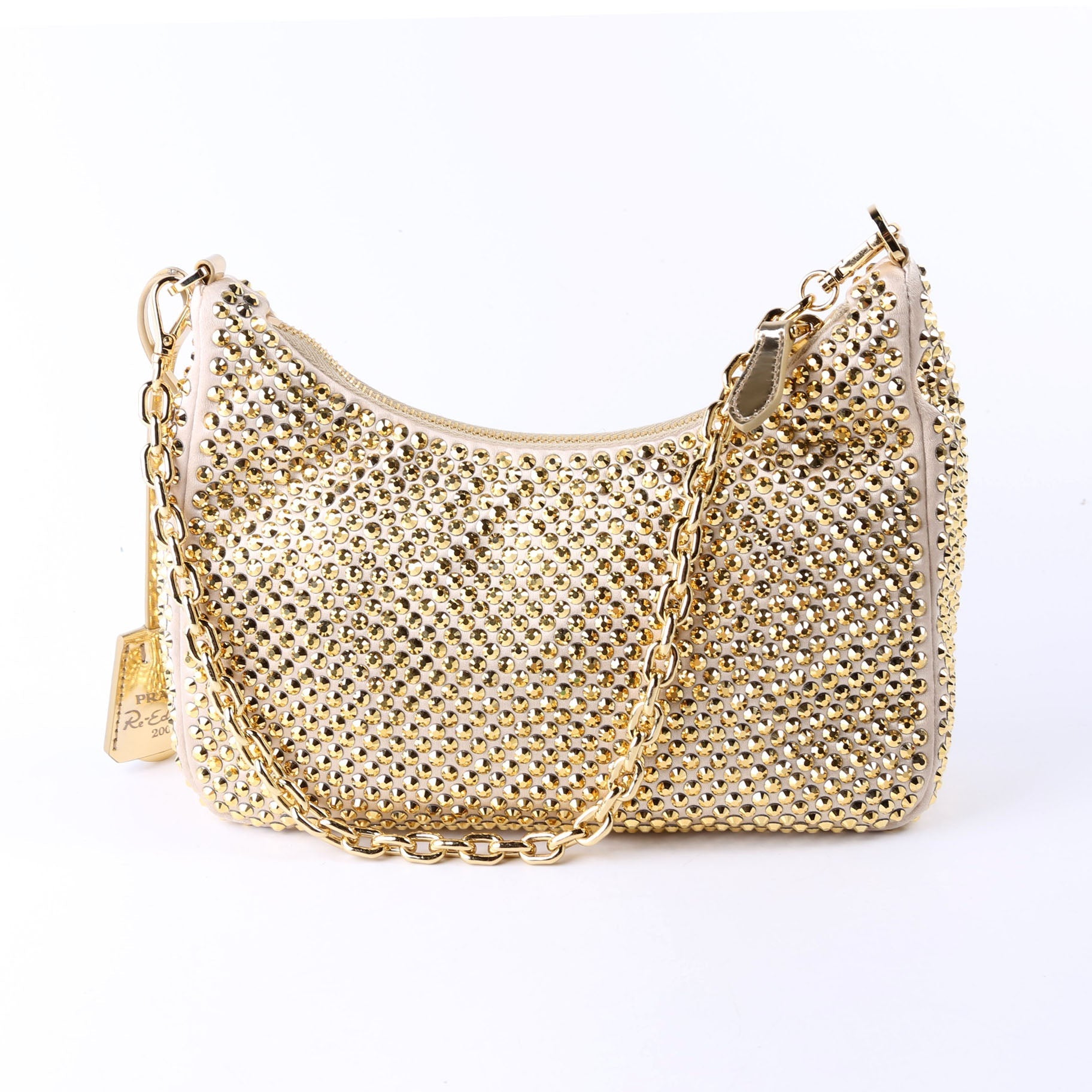 Prada Satin Crystal Re-Edition 2005 Shoulder Gold Bag