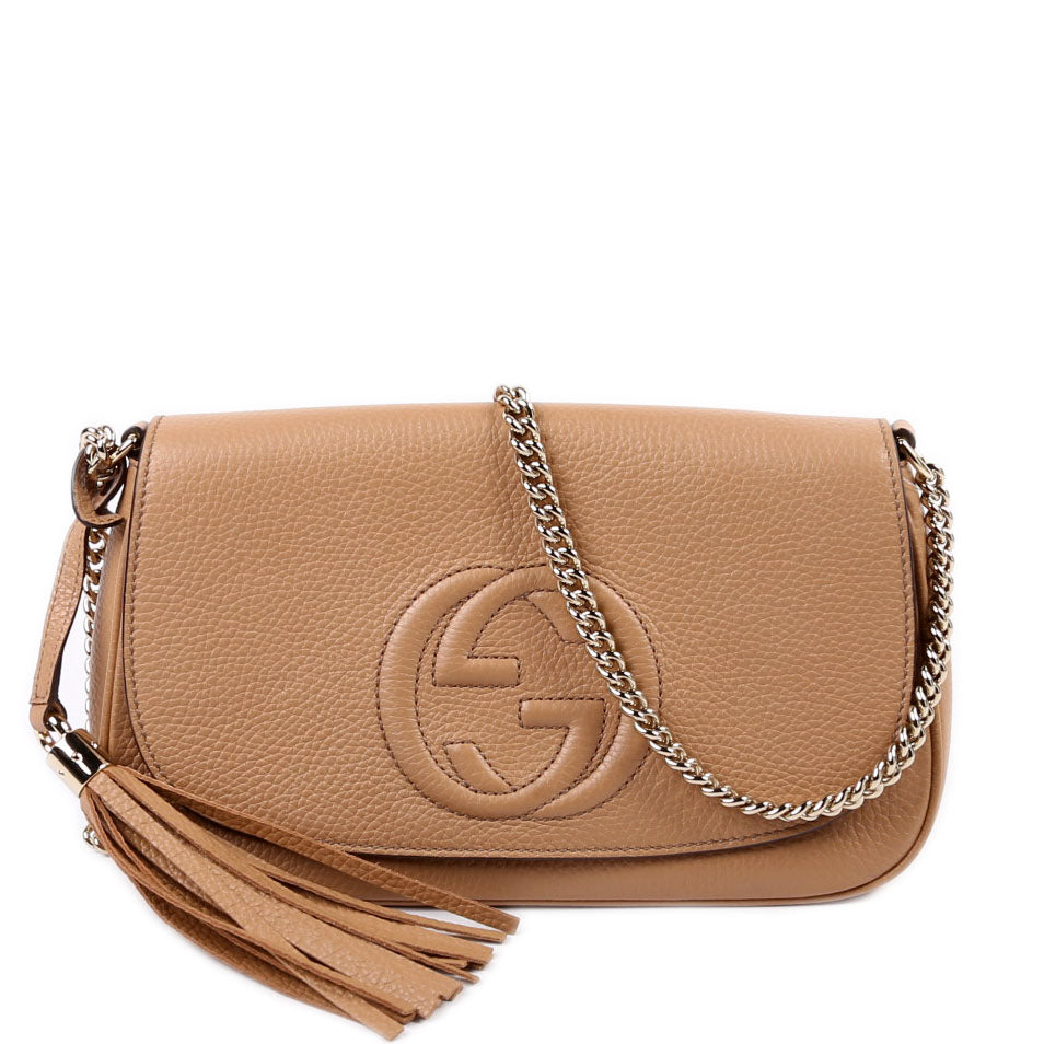 Gucci 536224 Soho Chain Tassel Flap Beige Bag