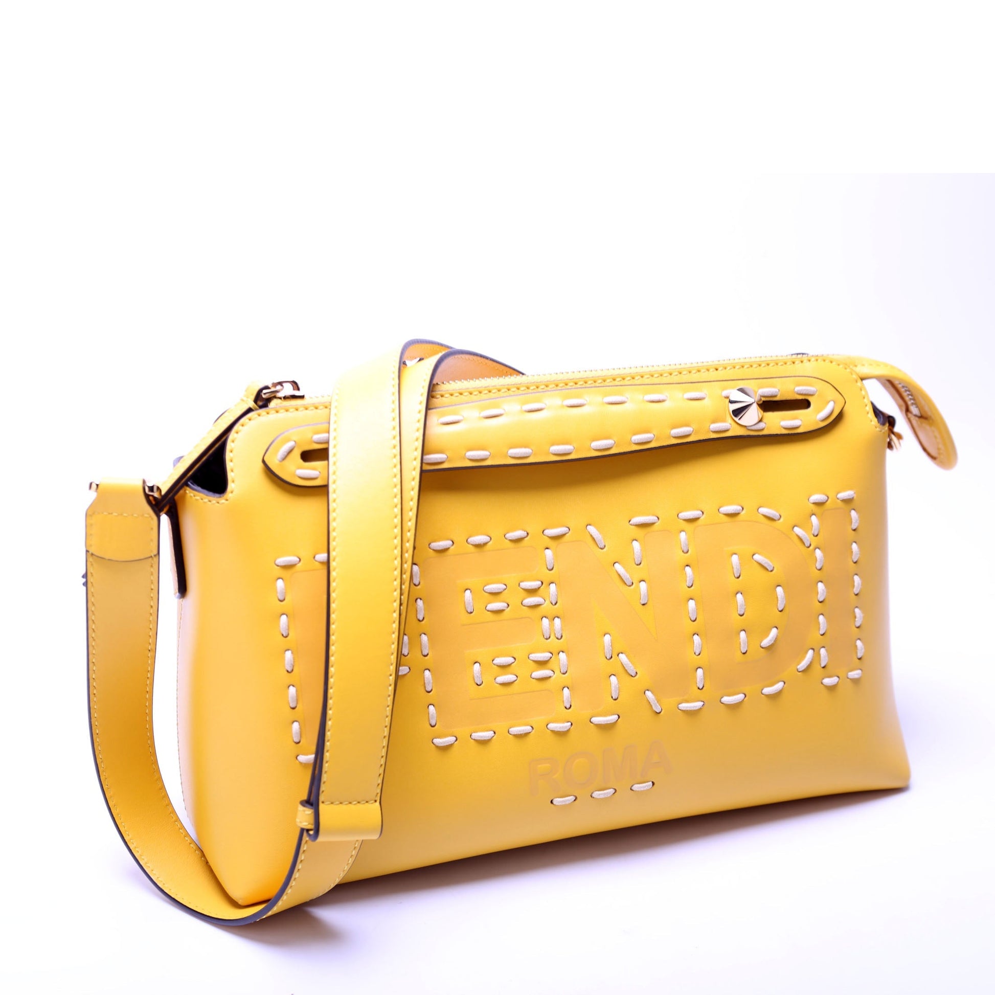 Fendi 8BL146 By the Way Medium Boston Calfskin Whipstitch Yellow Bag