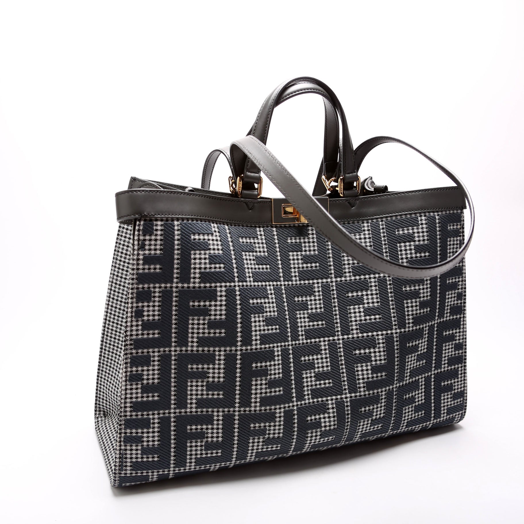 Fendi 8BH374 Peekaboo FF Wool Houndstooth X-Tote Blue Bag