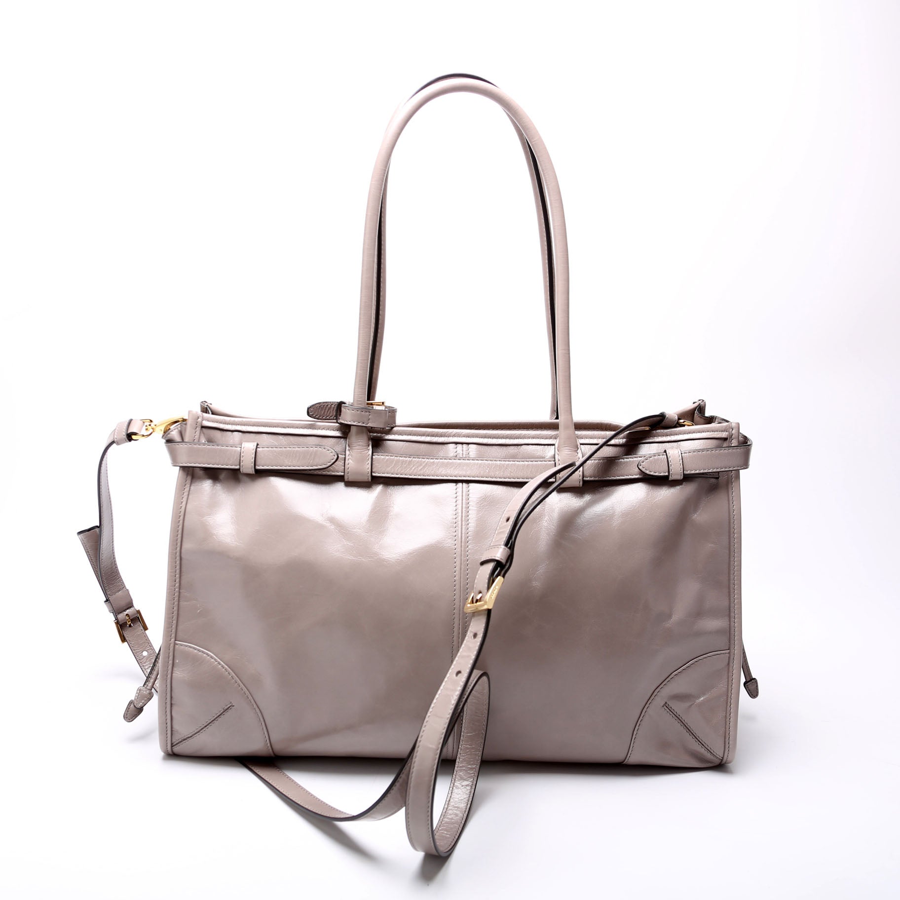 Prada 1BA433 Bonnie Large Calfskin Shoulder Taupe Bag
