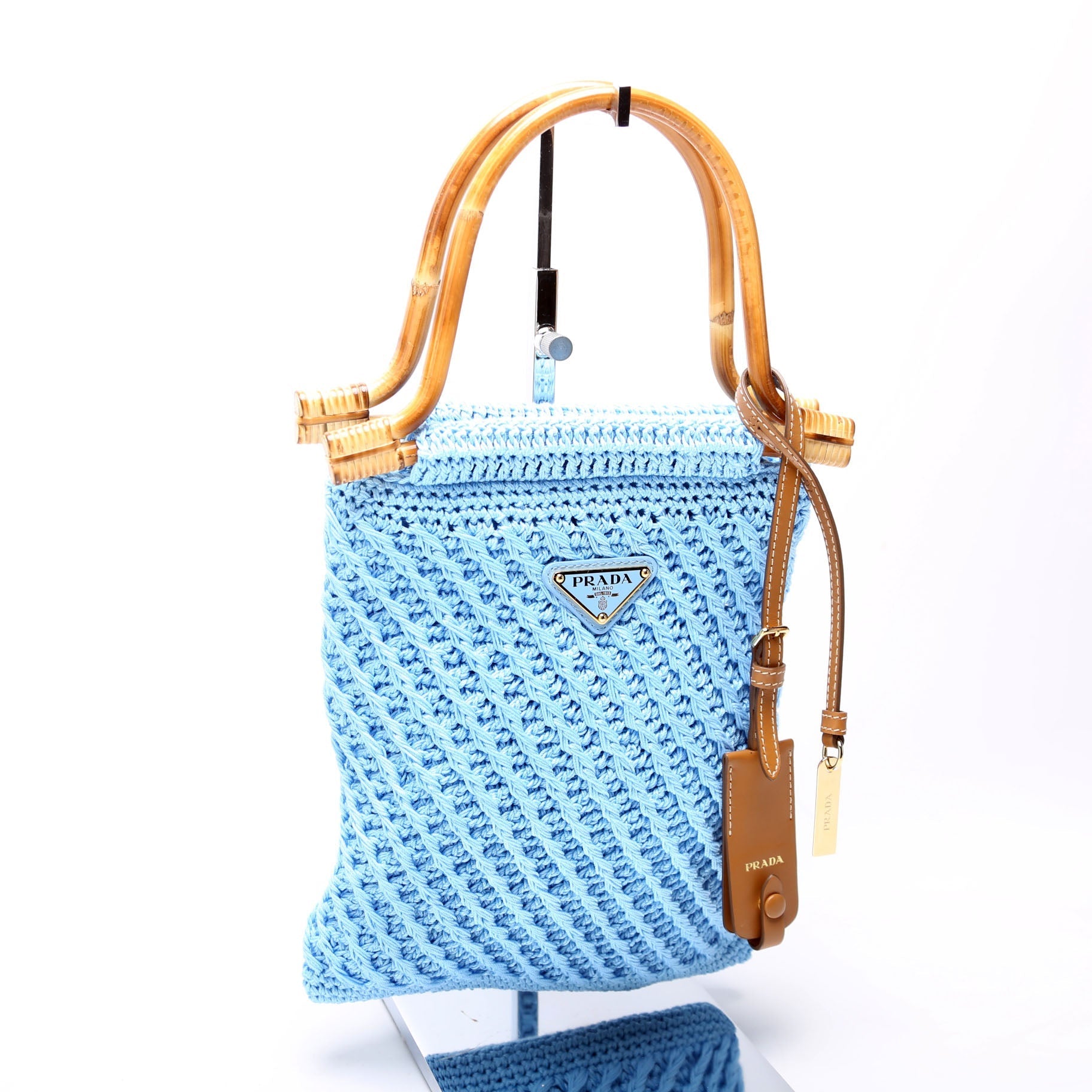 Prada Crochet Mini Bamboo Top Handle Blue Bag