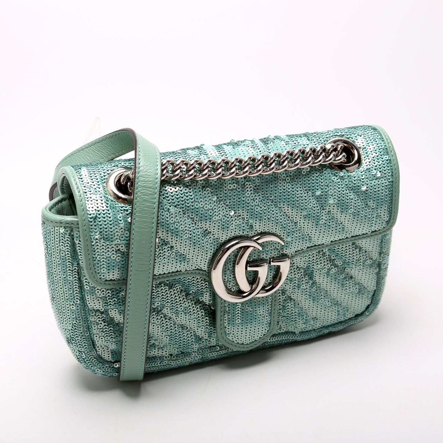 Gucci 446744 Marmont Sequin Shoulder Mini Flap Teal Bag