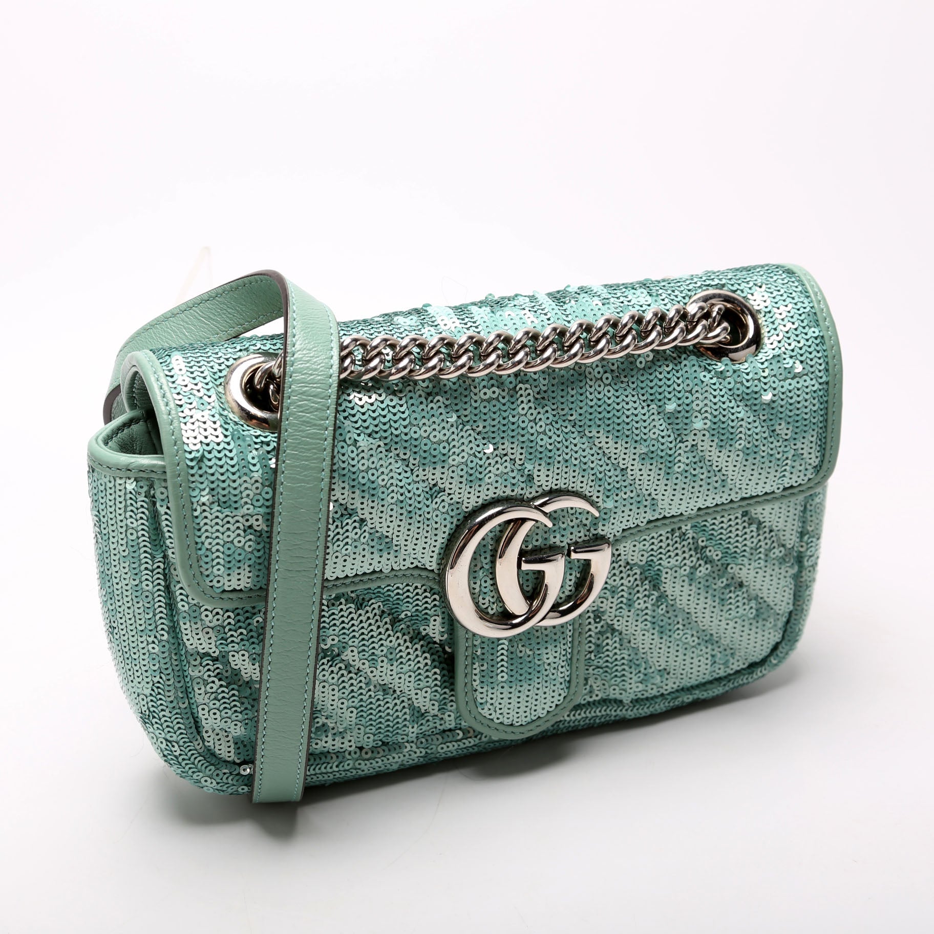 Gucci 446744 Marmont Sequin Shoulder Mini Flap Teal Bag