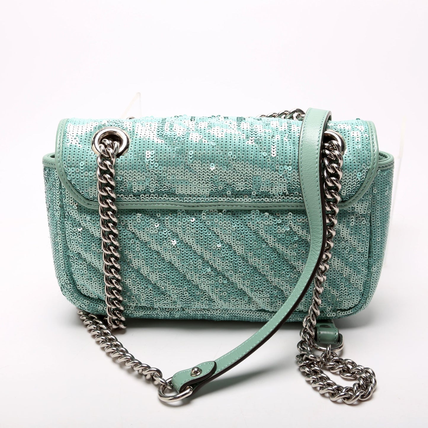 Gucci 446744 Marmont Sequin Shoulder Mini Flap Teal Bag