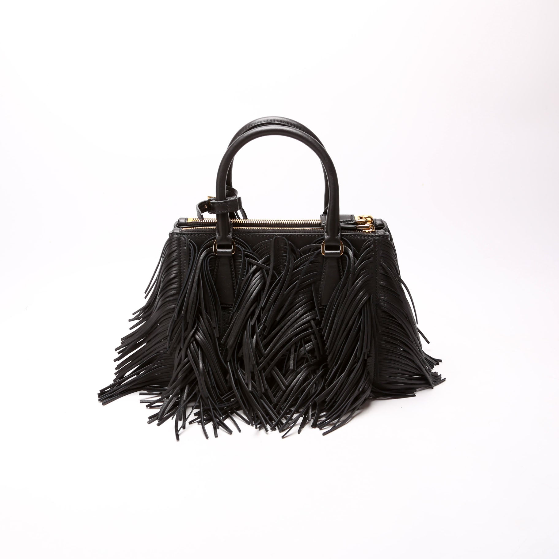 Prada Leather Fringe Galleria Small Black Bag