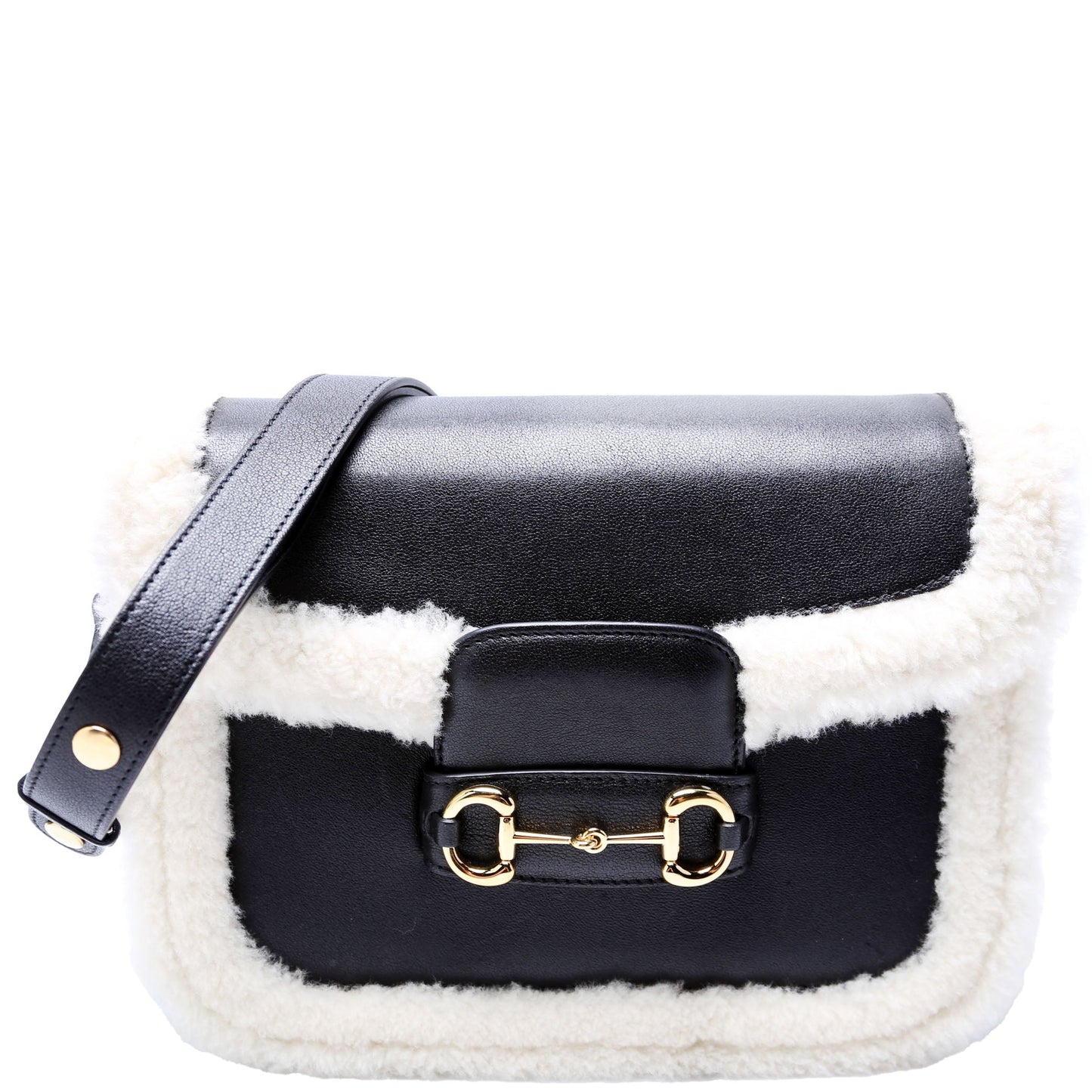 Gucci 602204 Horsebit 1955 Shearling Leather Shoulder Black Bag