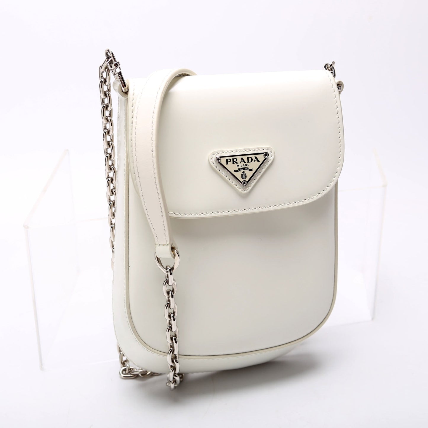 Prada 1BH185 Cleo Brushed Leather Mini Crossbody White Bag