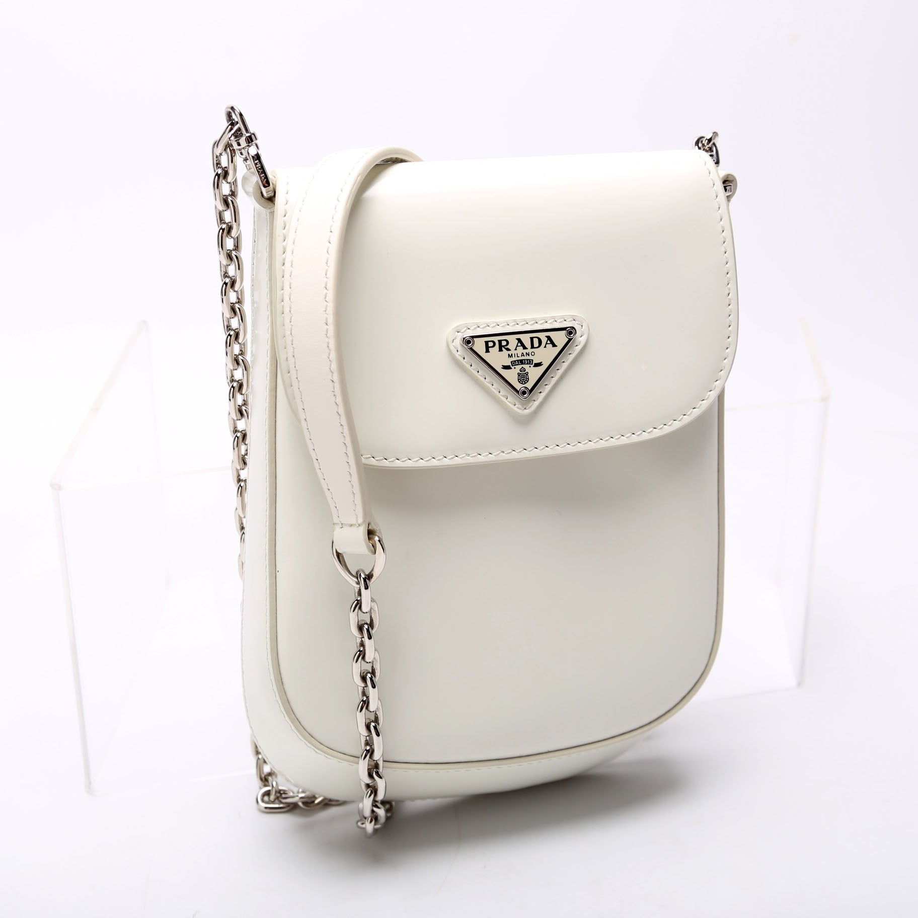 Prada 1BH185 Cleo Brushed Leather Mini Crossbody White Bag