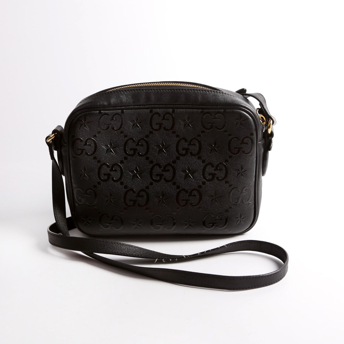 Gucci 675776 GG Star Embossed Leather Small Shoulder Black Bag