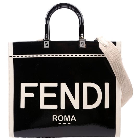 Fendi Sunshine Shopper Medium Patent Vinyl Canvas Black/White Bag