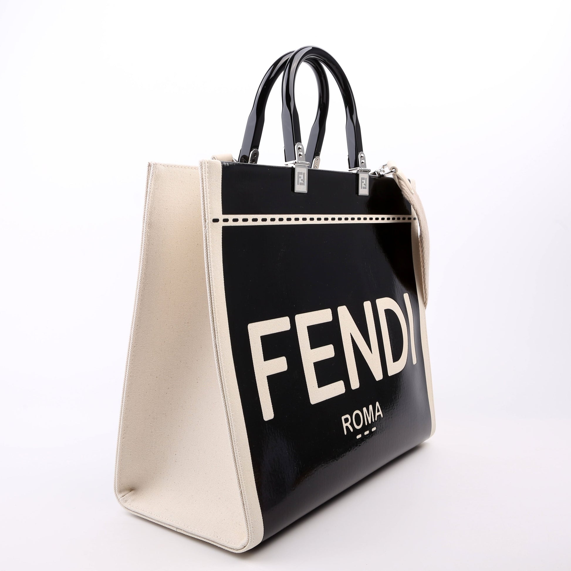 Fendi Sunshine Shopper Medium Patent Vinyl Canvas Black/White Bag