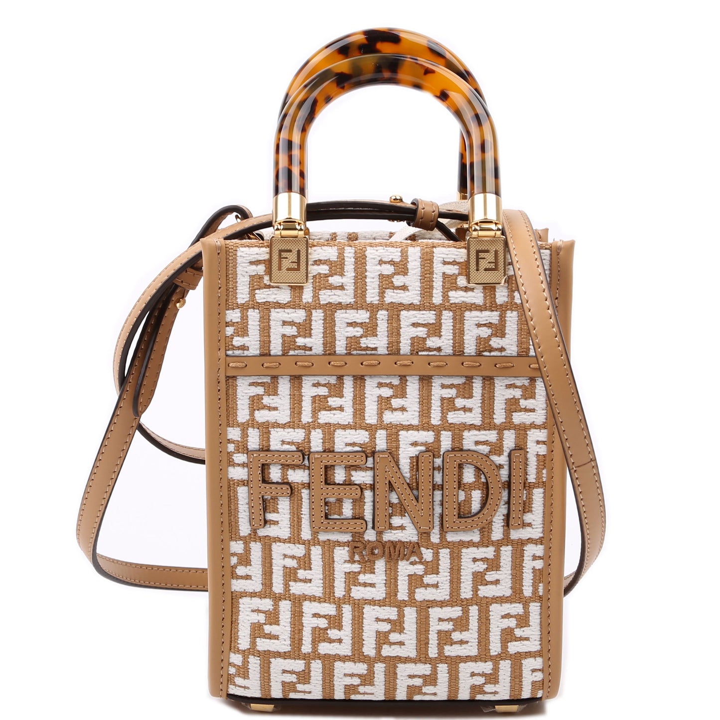 Fendi 8BS051 Raffia FF Mini Sunshine Shopper Tan Bag