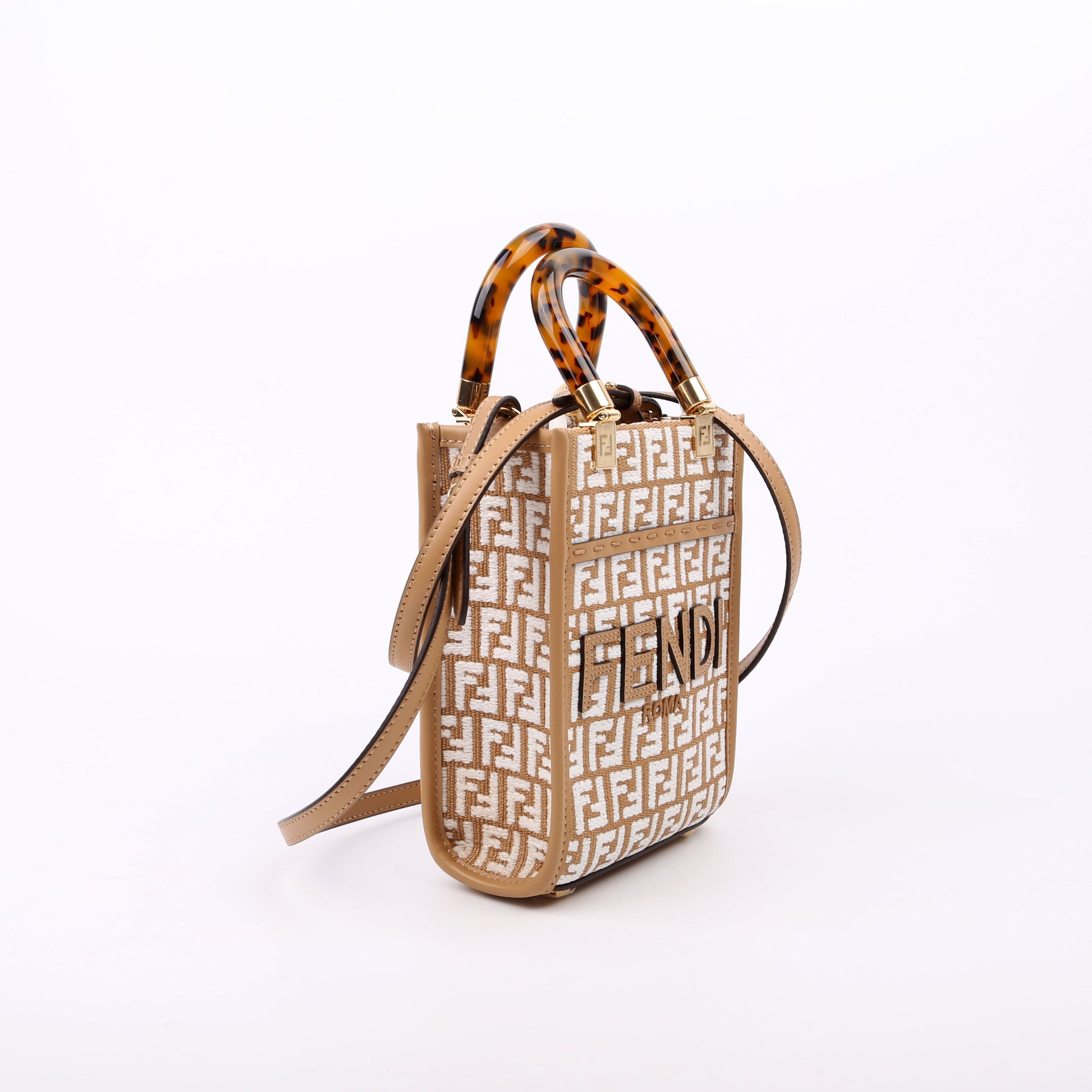 Fendi 8BS051 Raffia FF Mini Sunshine Shopper Tan Bag