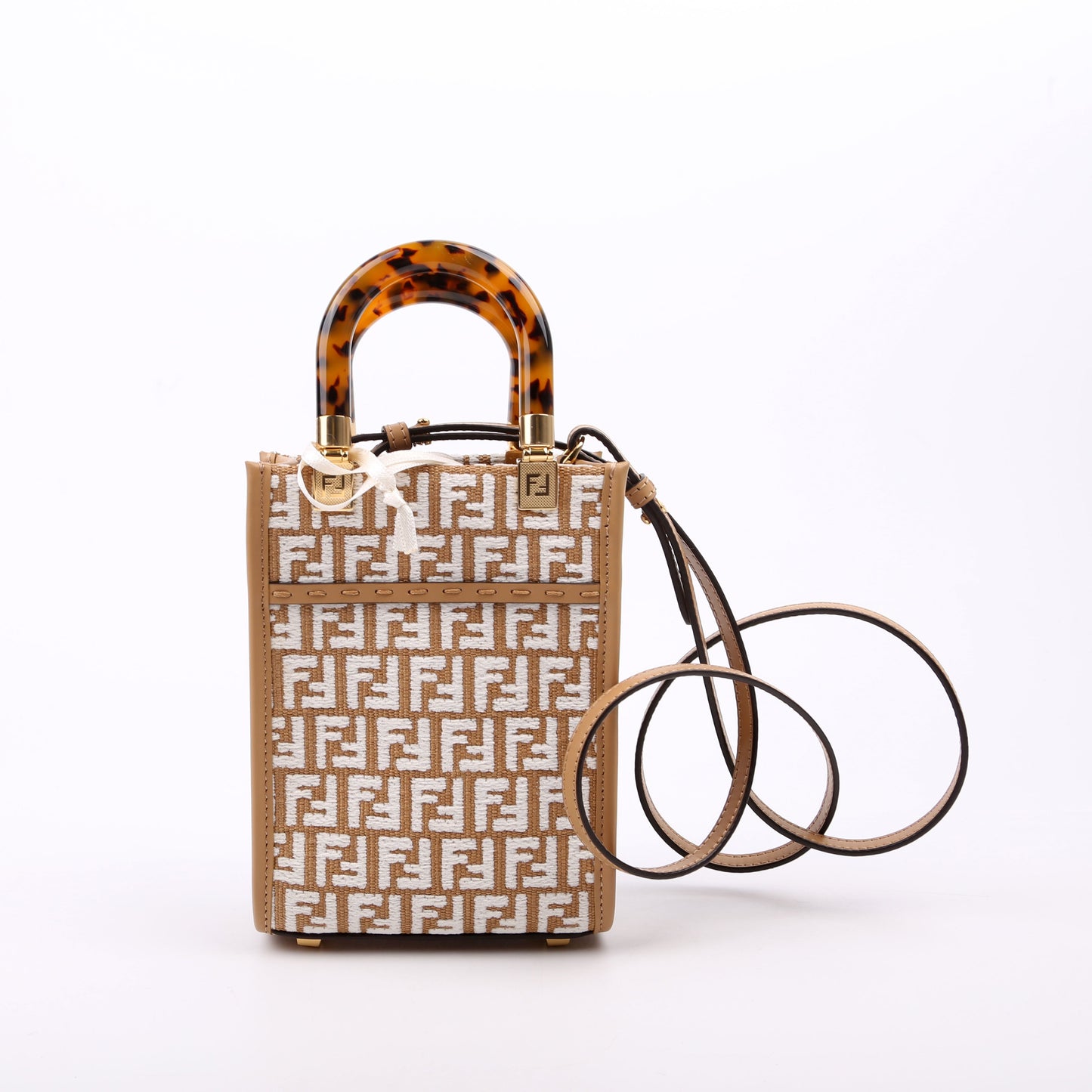 Fendi 8BS051 Raffia FF Mini Sunshine Shopper Tan Bag