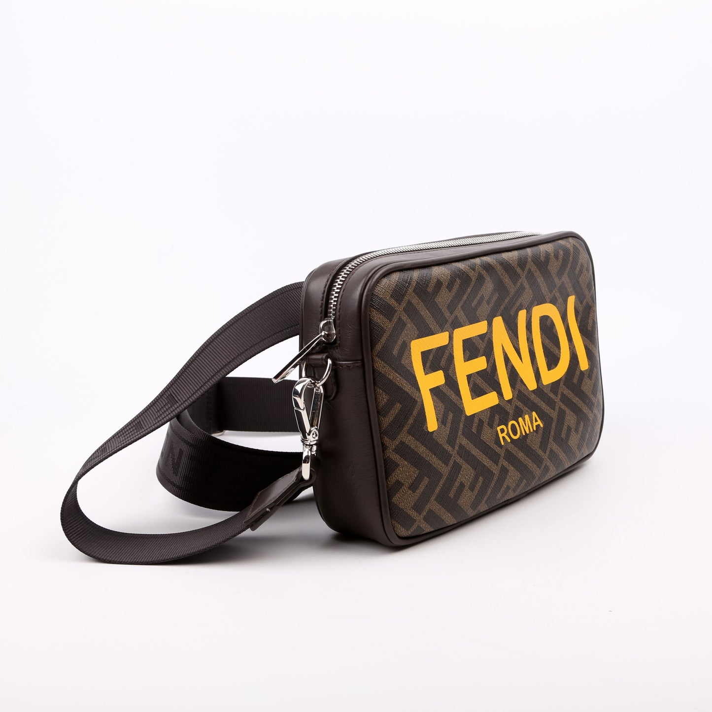 Fendi 7M0286 Zucca Roma Logo/Leather Camera Case Brown Bag