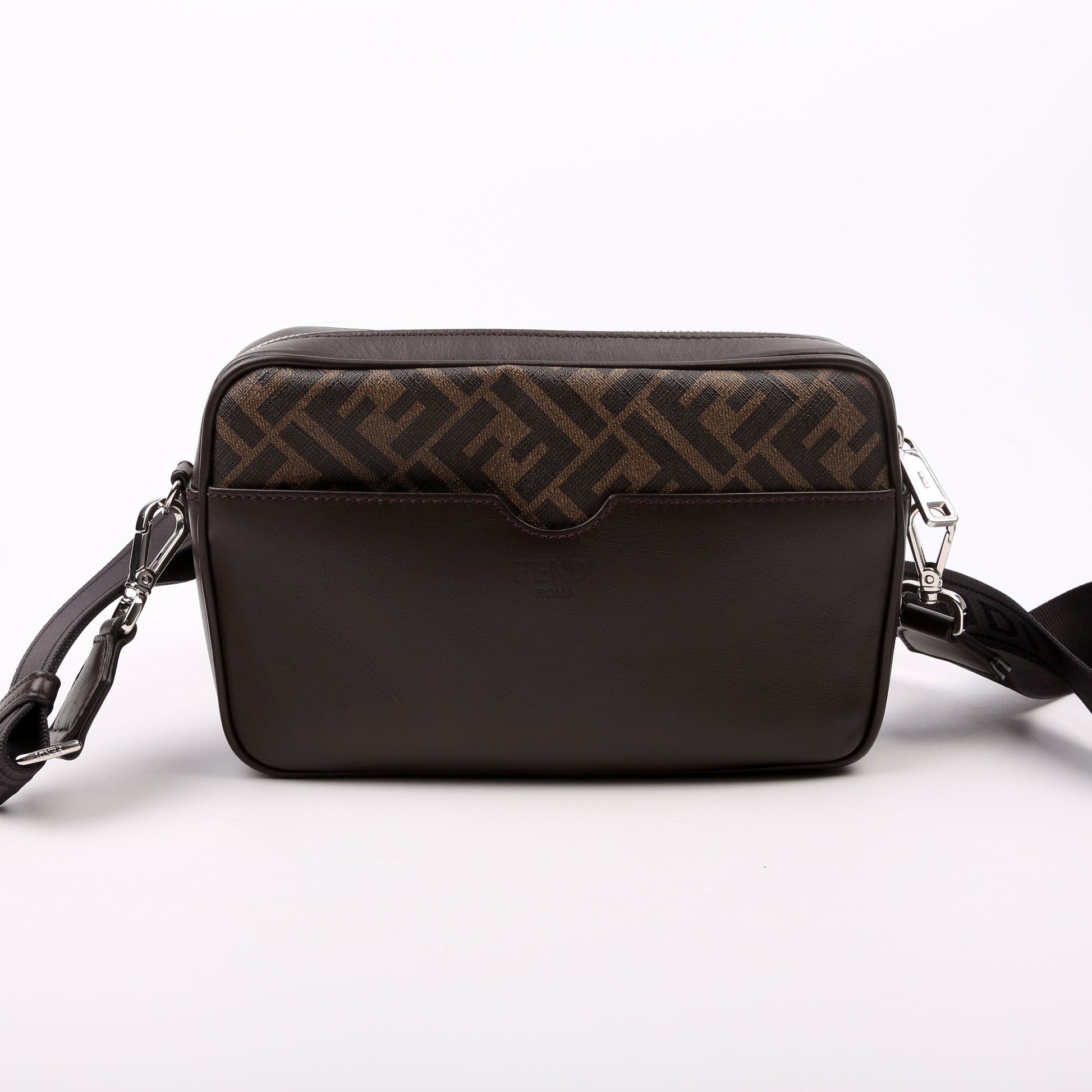 Fendi 7M0286 Zucca Roma Logo/Leather Camera Case Brown Bag