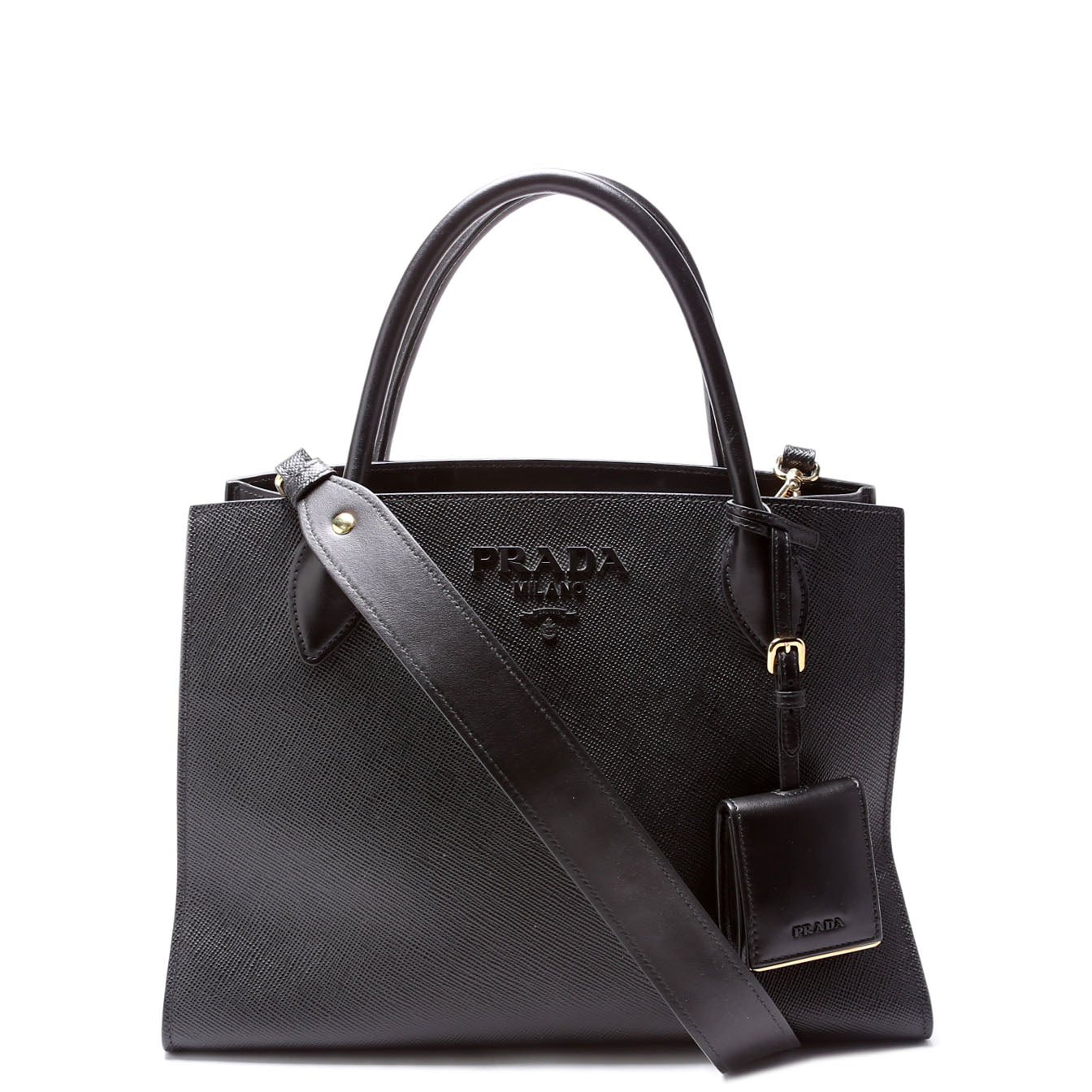 Prada Saffiano Cuir Monochrome Top Handle Tote Black Bag