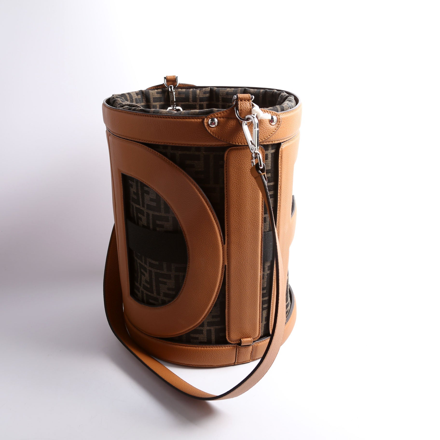 Fendi 7VA589 FF Zucca/Calfskin Step Out Bucket Brown Bag