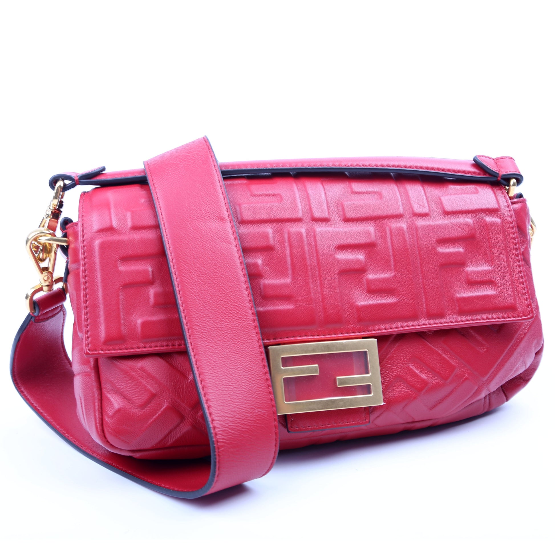 Fendi Baguette FF Embossed Nappa Red Bag