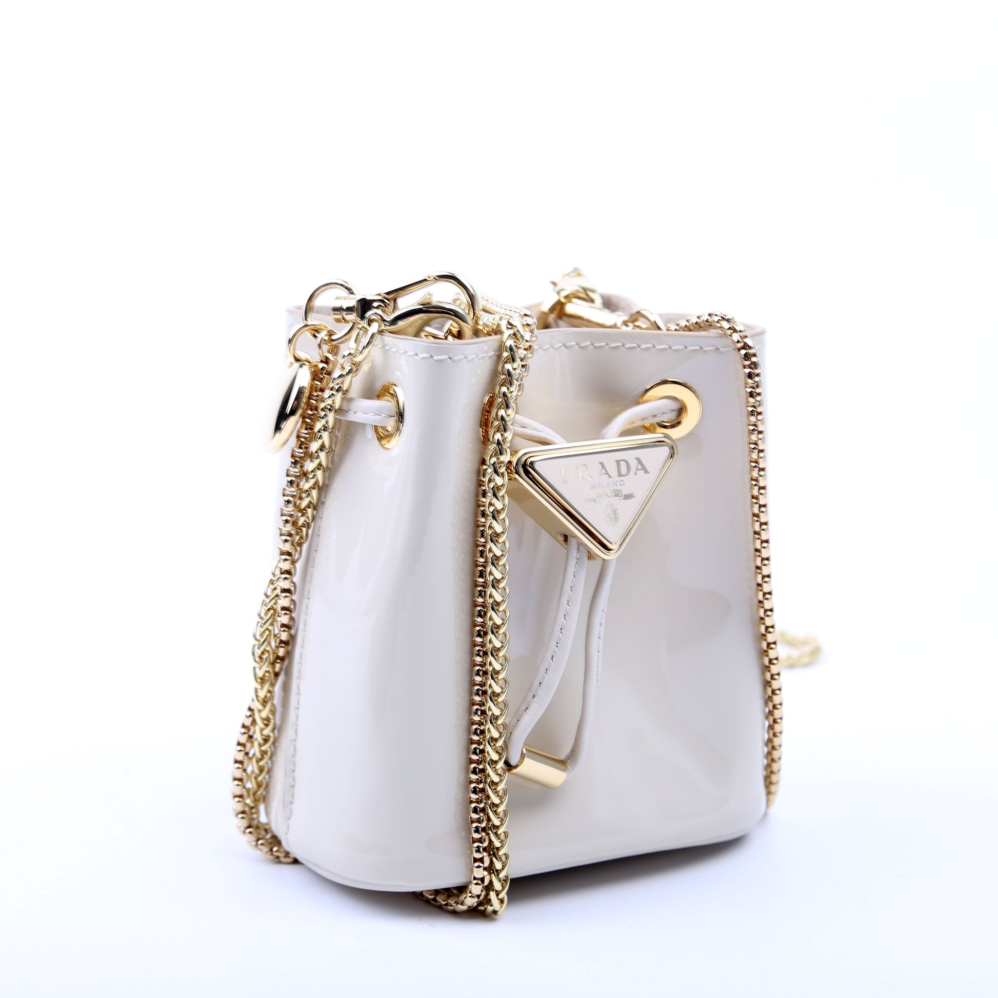 Prada Mini Drawcord Triangle Logo Vernice Shoulder White Bag