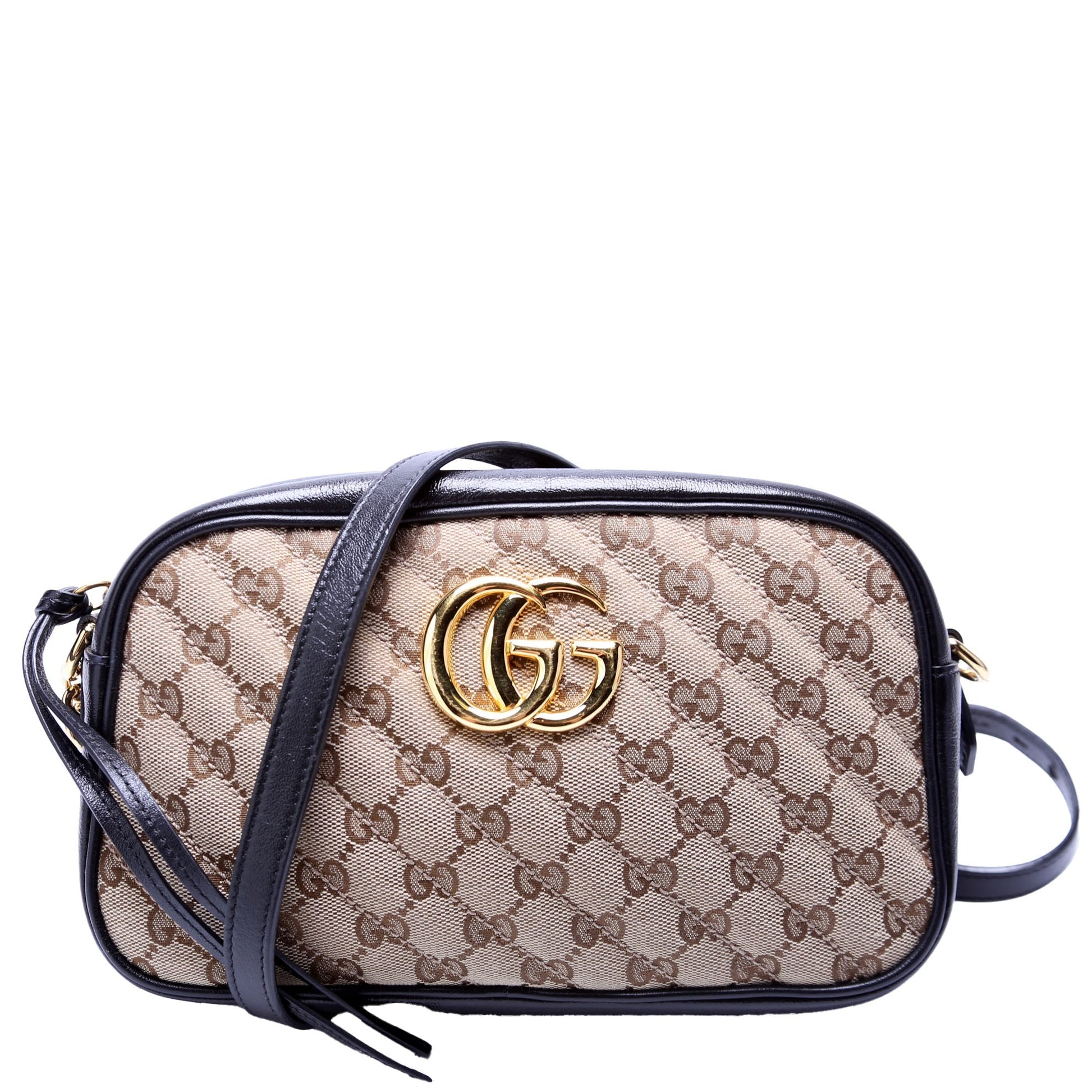 Gucci 447632 Marmont Small GG Canvas Camera Tan/Black Bag