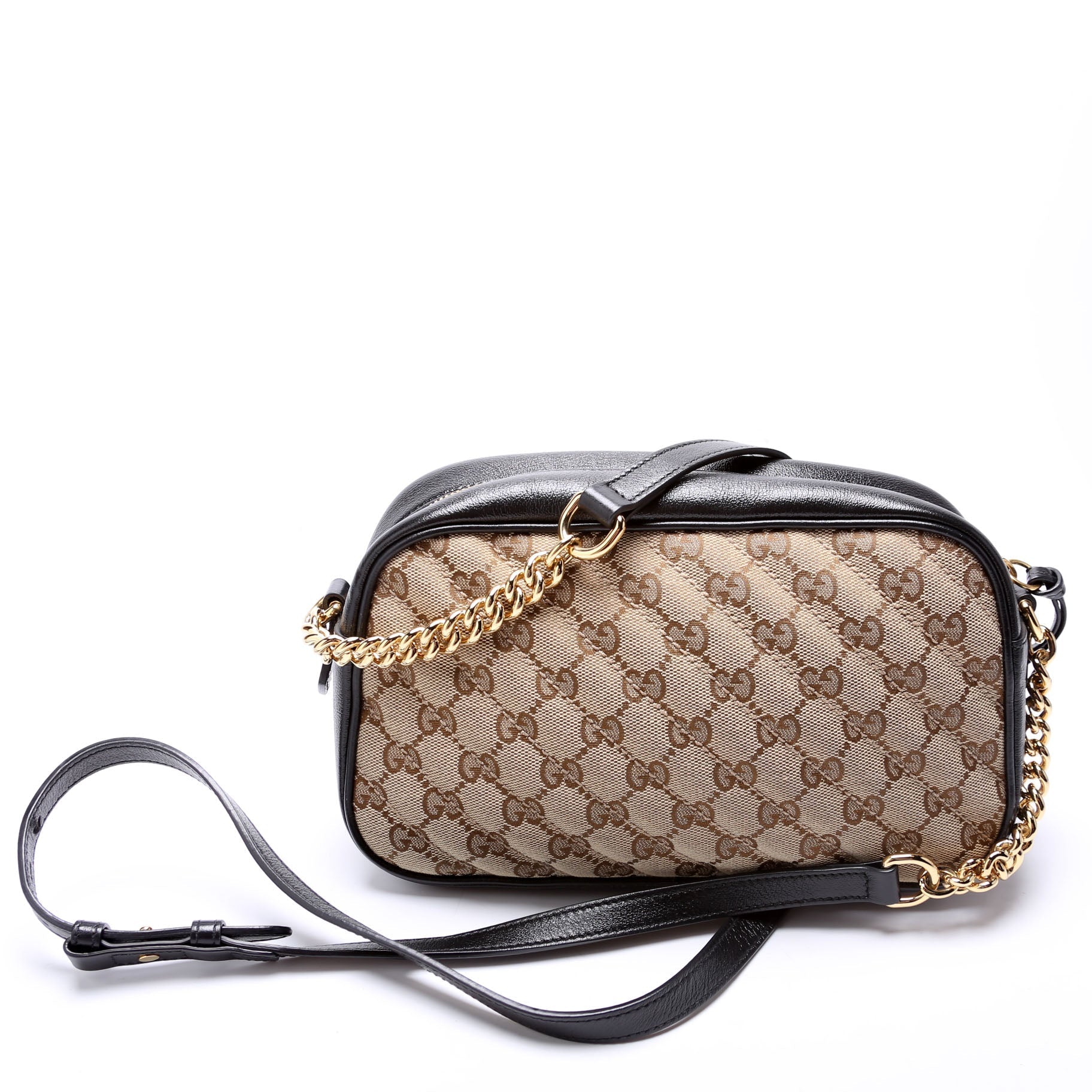 Gucci 447632 Marmont Small GG Canvas Camera Tan/Black Bag
