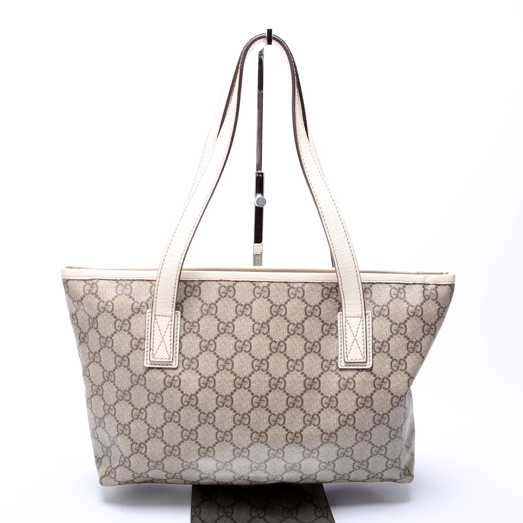 Gucci 181086 GG Supreme Small Zip Tote Tan and White Bag