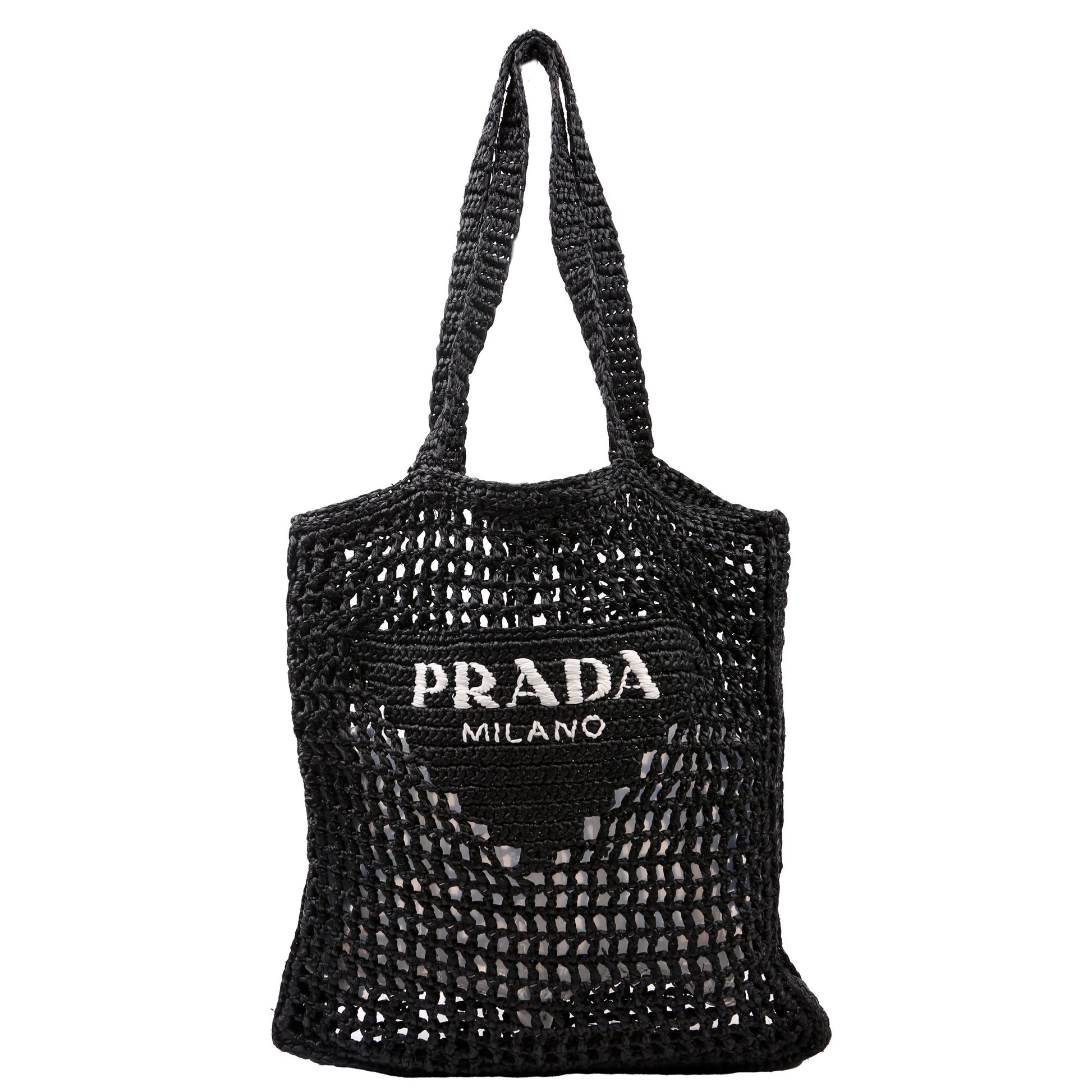 Prada 1BG393 Raffia Crochet Tote Black Bag