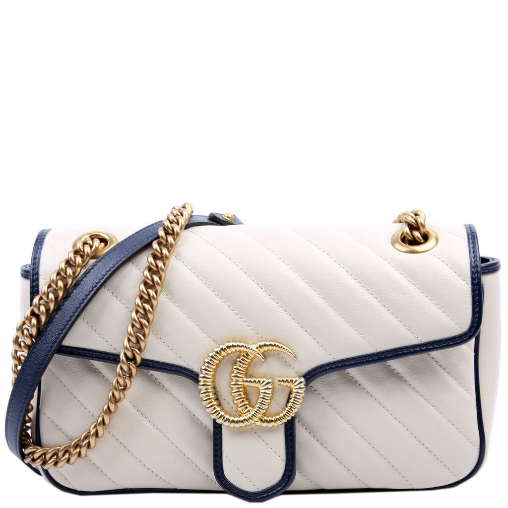 Gucci 443497 Marmont Torchon Shoulder Small Flap Ivory/Navy Bag