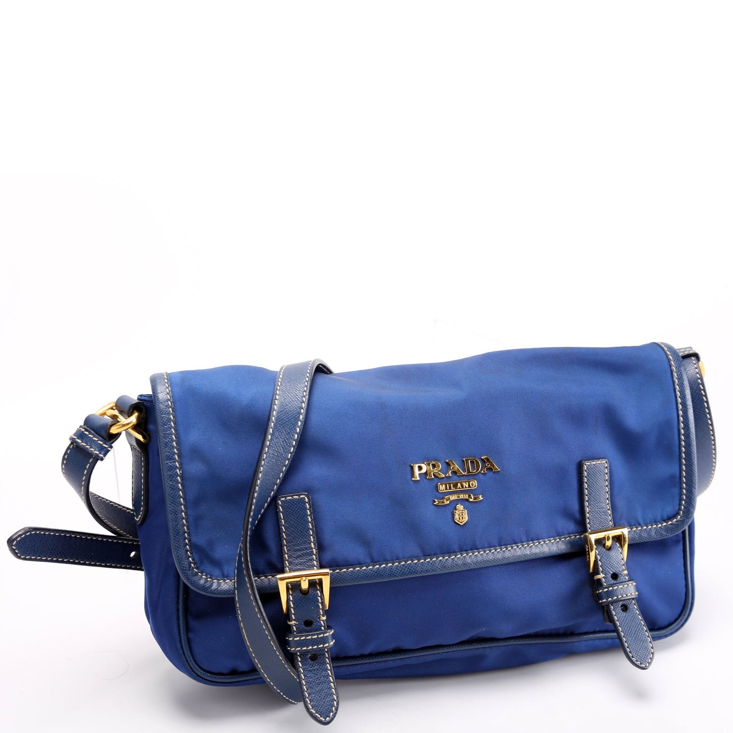 Prada BT0772 Tessuto Nylon Saffiano Buckle Messenger Small Blue Bag