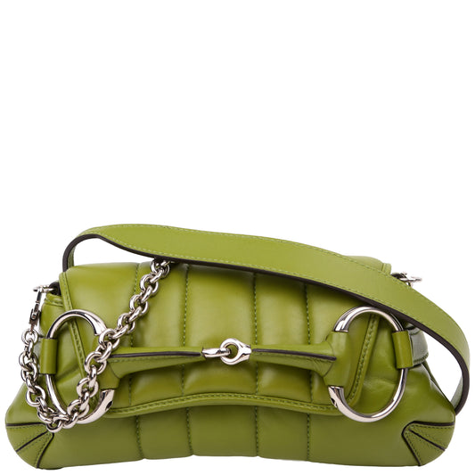 Gucci 764339 Vertical Quilted Maxi Horsebit Chain Medium Shoulder Green Bag