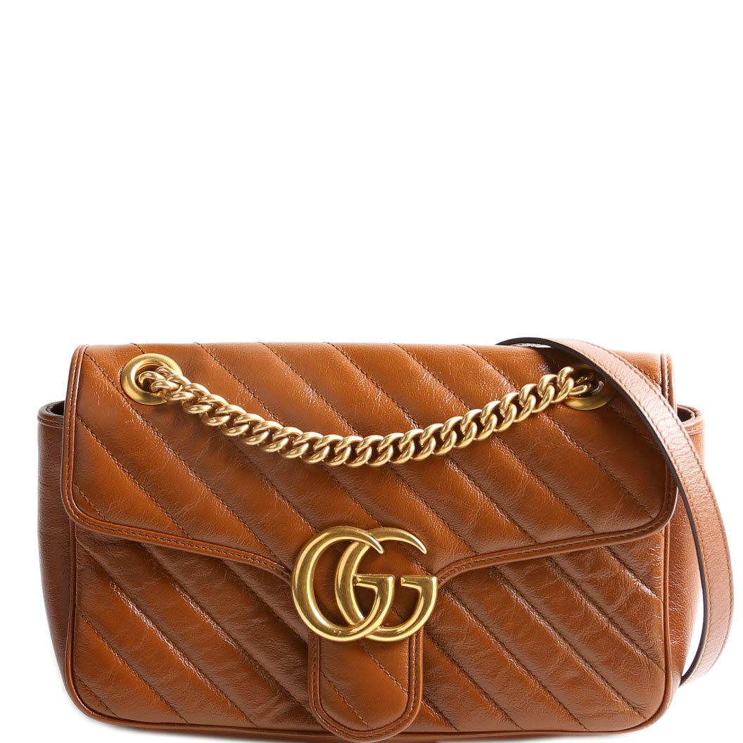 Gucci 443497 Marmont Diagonal Leather Shoulder Small Flap Brown Bag