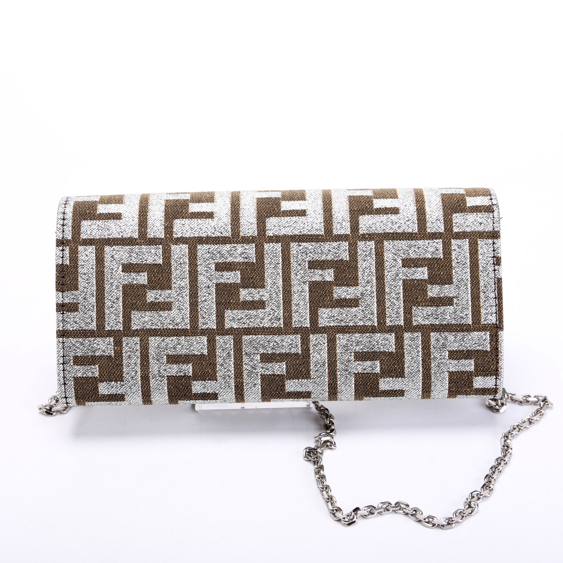 Fendi 8M3065 FF Jacquard 1974 Continental Wallet On Chain Brown/Silver Bag