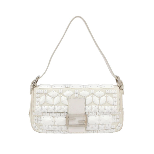 FENDI Baguette 1997 White Leather and Stones Zucca Interior Shoulder Bag