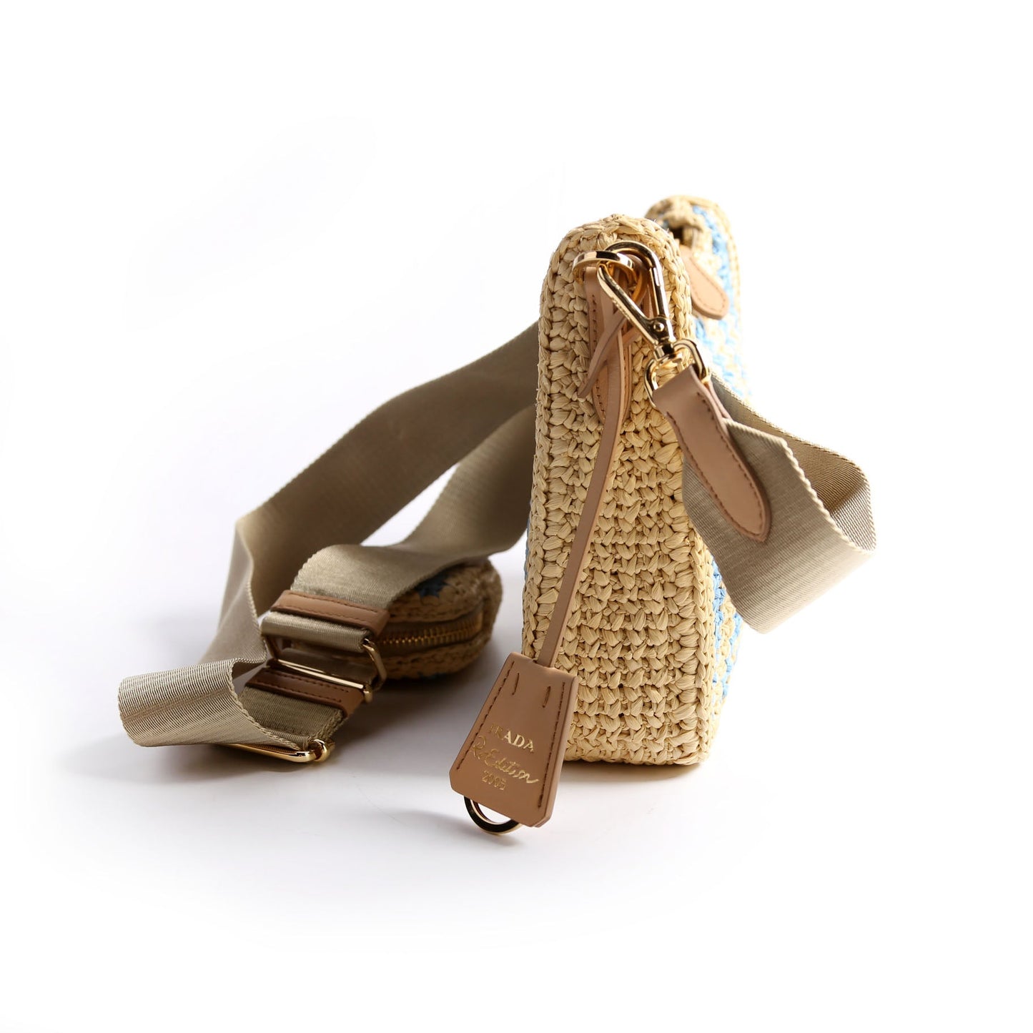 Prada 1BH204 Raffia Re-Edition 2005 Shoulder Beige/Blue Bag
