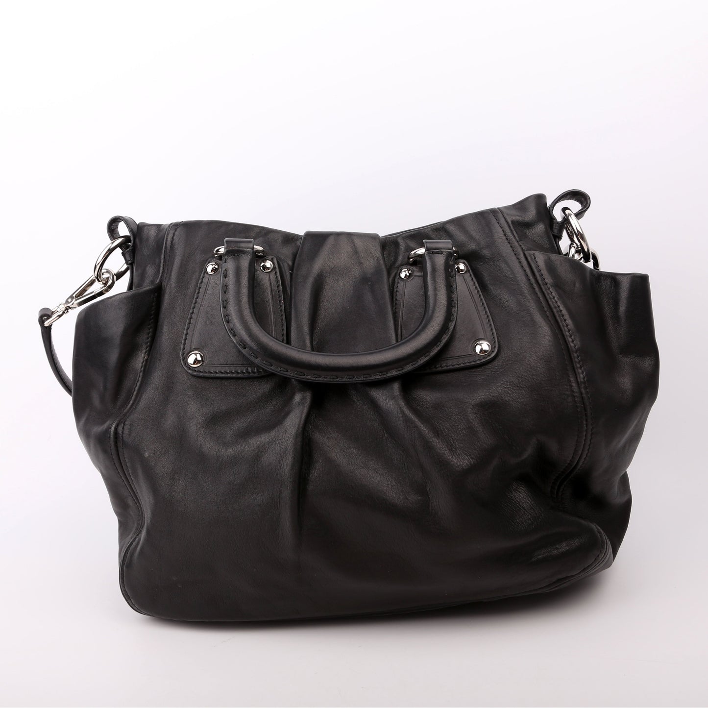 Prada Pleated Soft Calfskin Satchel Black Bag