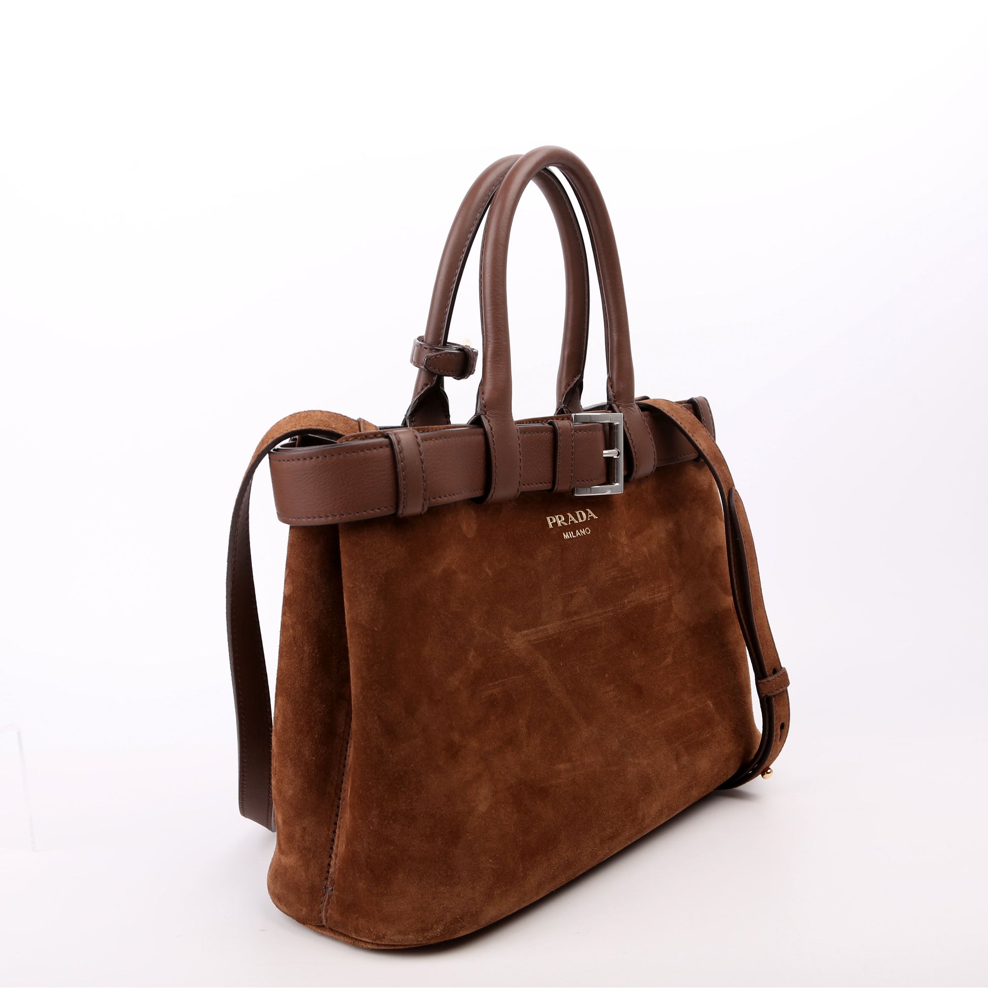 Prada Buckle With Belt Scamosciate Small Brown Bag