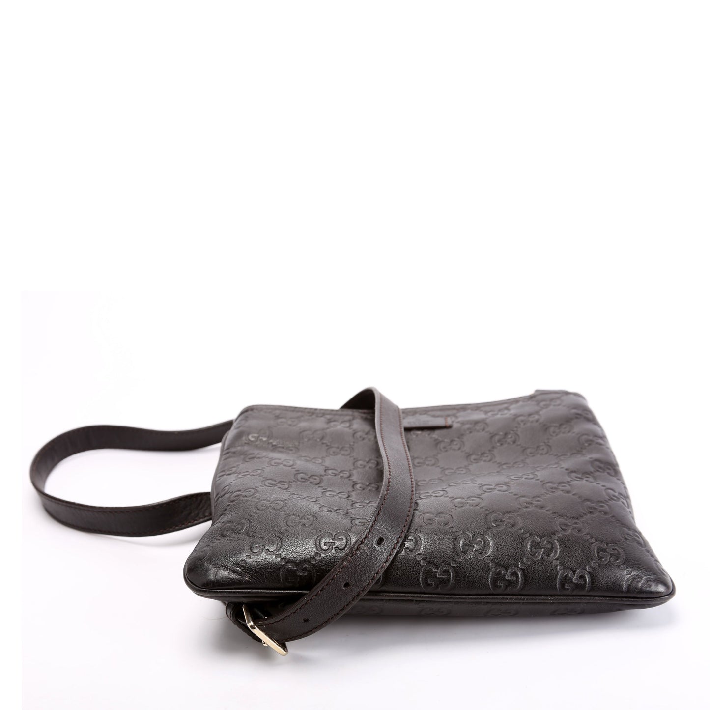 Gucci 201538 GG Leather Flat Messenger Brown Bag