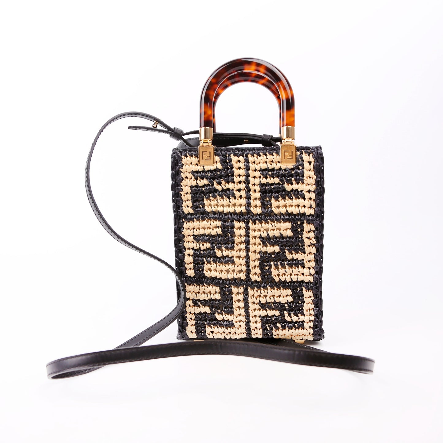 Fendi 8BS051 Raffia Mini Sunshine Shopper Tan/Black Bag