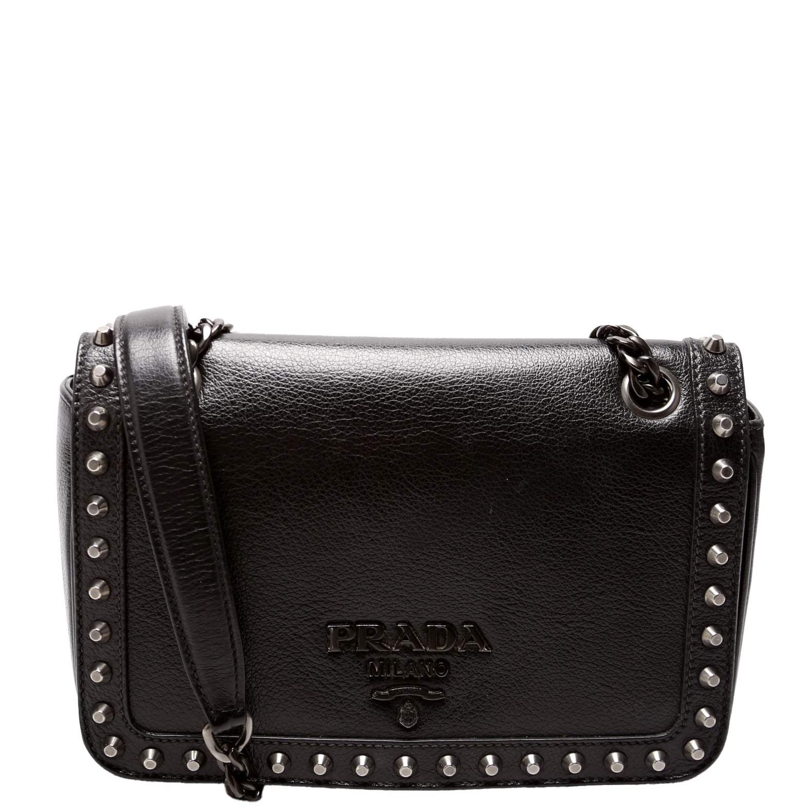 Prada 1BD147 Glace Calfskin Studded Crossbody Black Bag