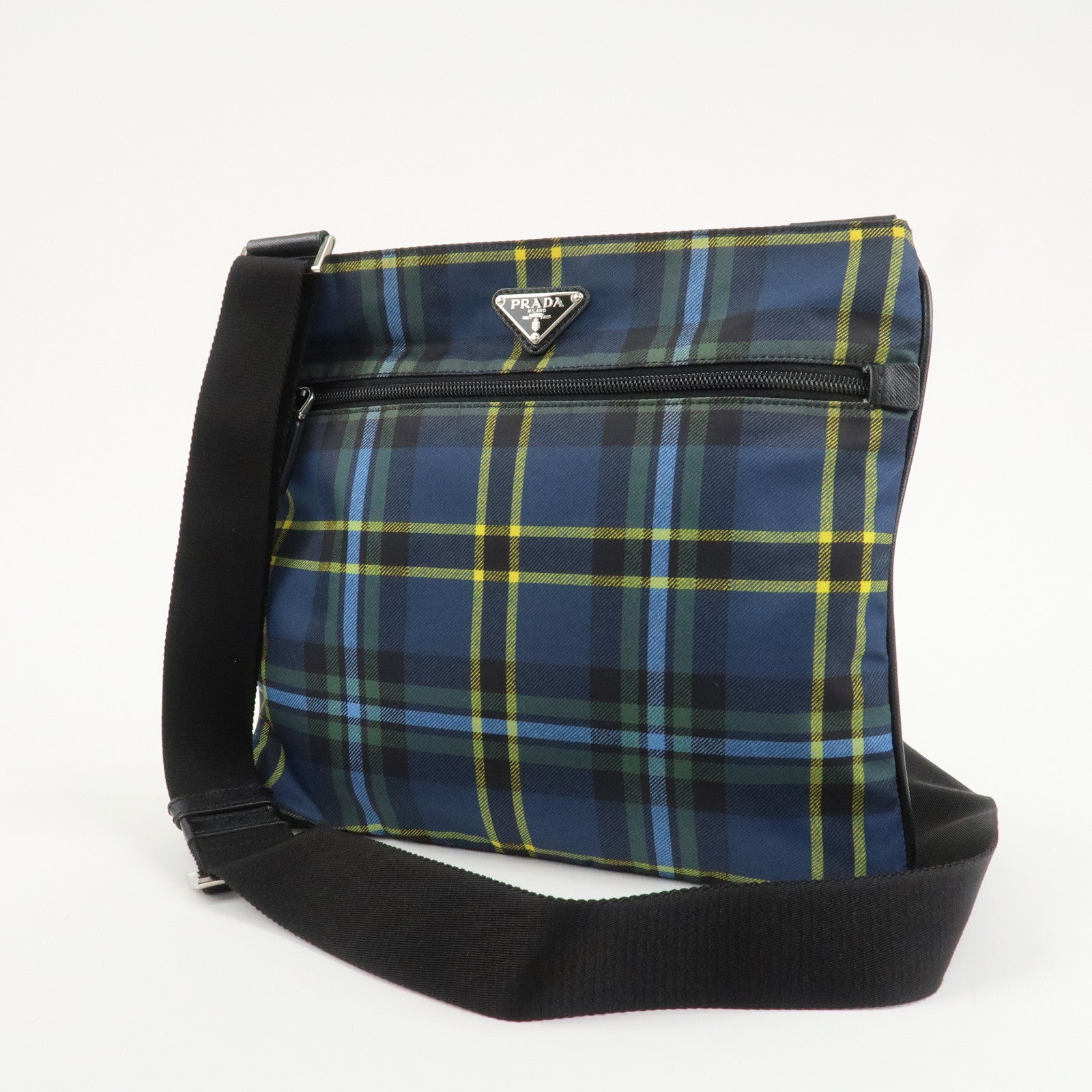 PRADA Triangle Logo Nylon Plaid Shoulder Bag Navy Multicolor VA053M