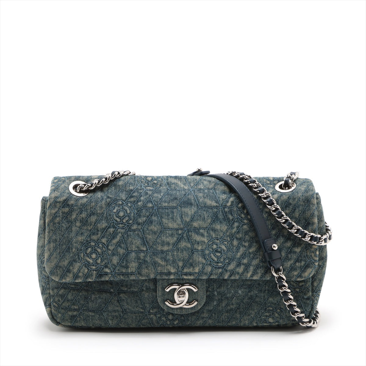 Chanel Camellia Denim Single Flap Double Chain Bag Blue Silver G St Several -Earth Harnesses