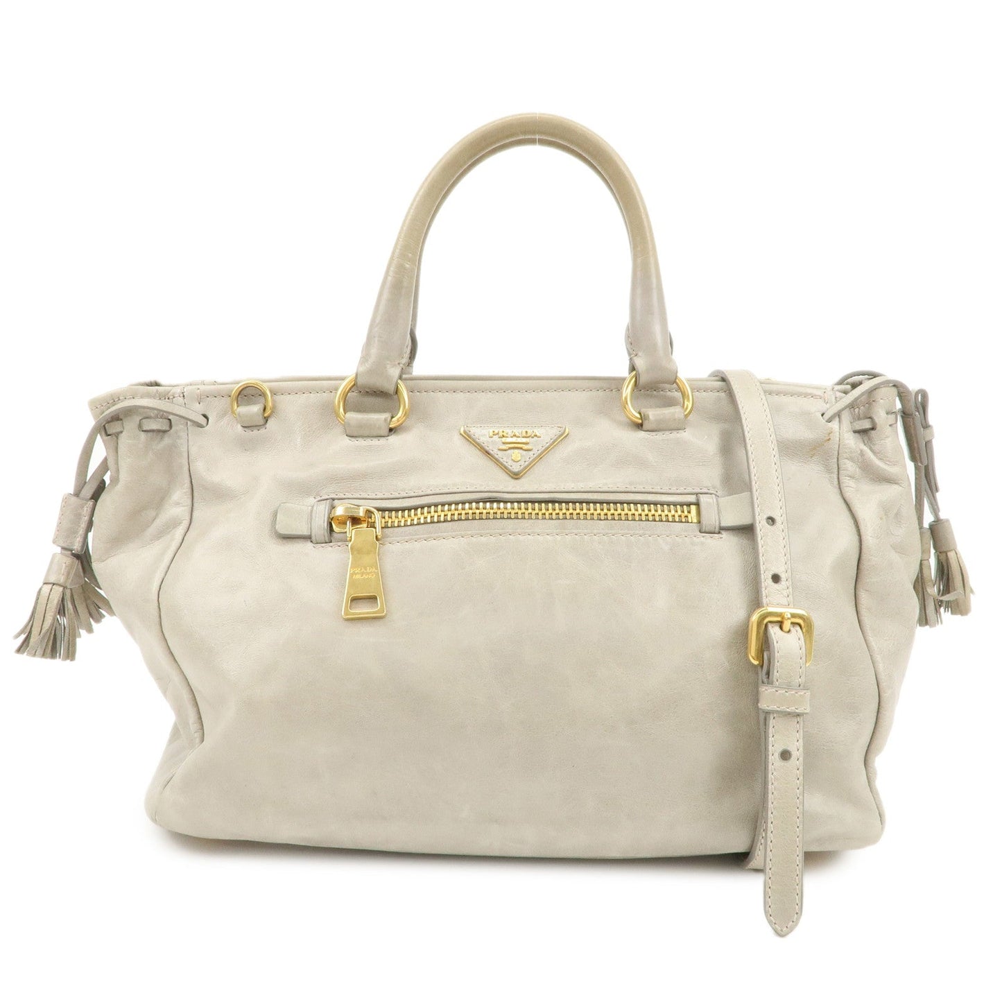 PRADA Triangle Logo VITELLOSHINE Leather 2Way Bag Hand Bag Gray BN1921