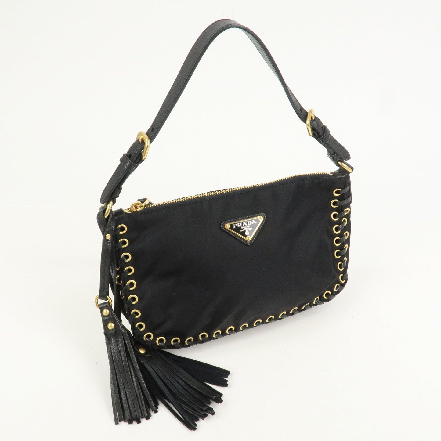 PRADA Triangle Logo Nylon Leather Shoulder Bag Tassel Black BR3754
