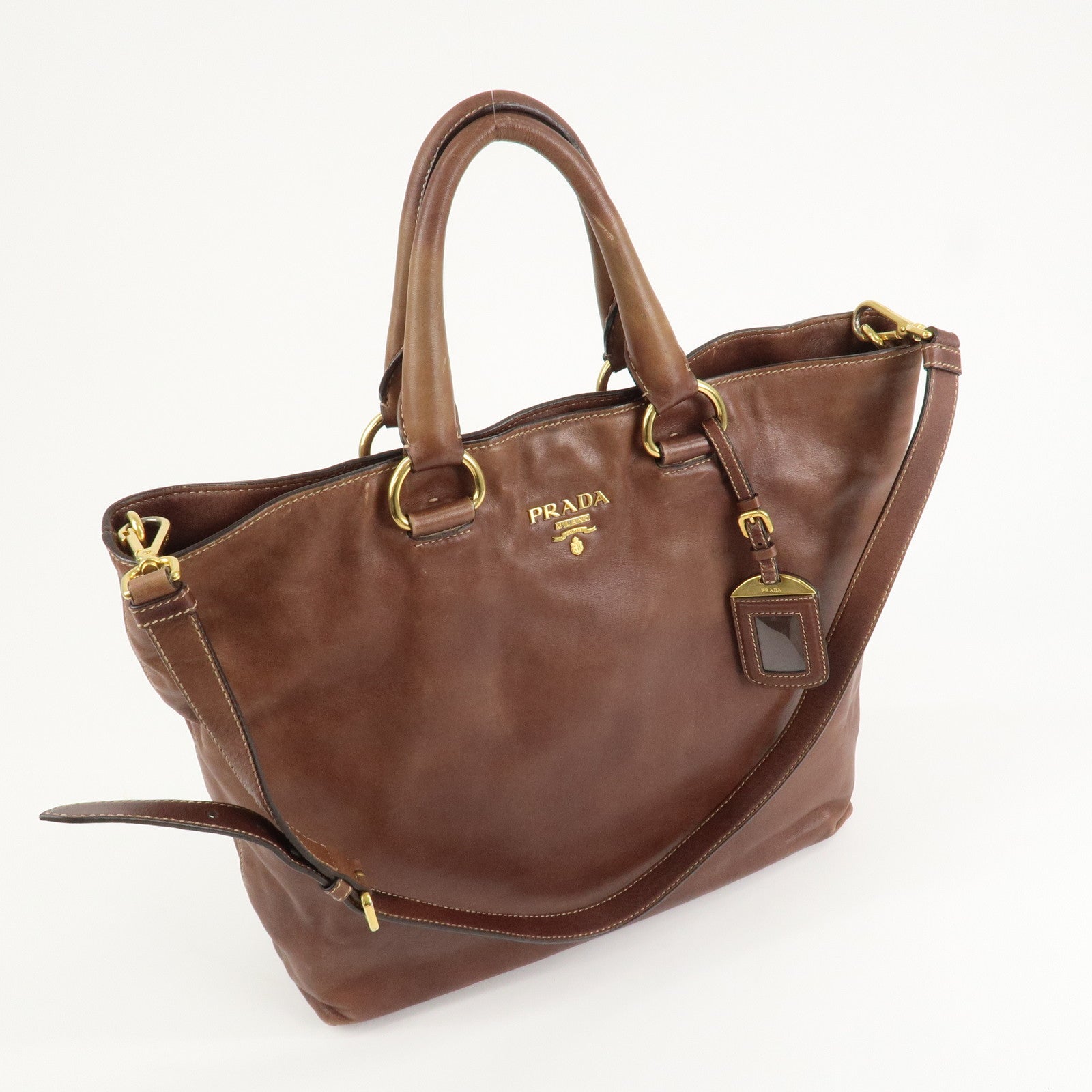 PRADA Logo Leather 2way Shoulder Bag Tote Bag Gold HDW Brown