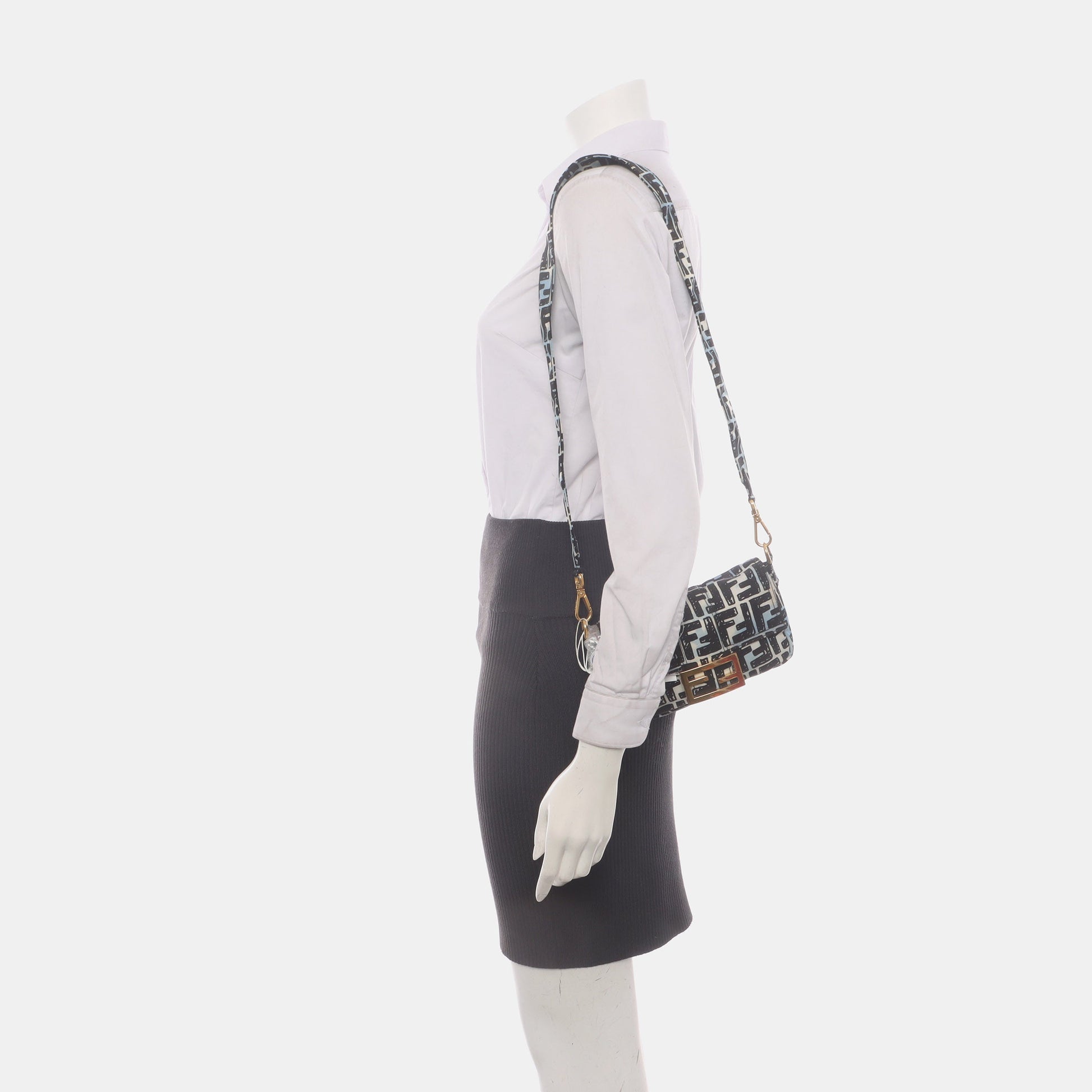 Fendi Baguette Mini Blue Black Zucca Nylon Gold Hardware Two-way Carry Bag