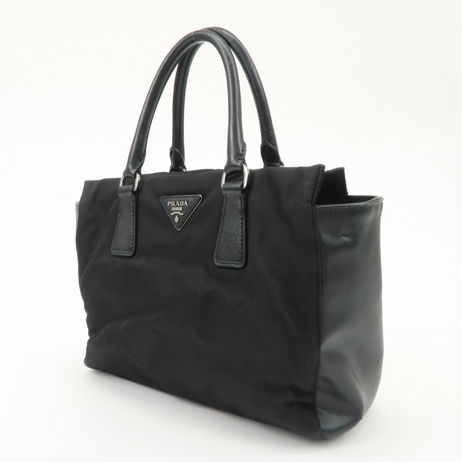 PRADA Triangle Logo Leather Nylon 2Way Bag Hand Bag Black Gold HDW